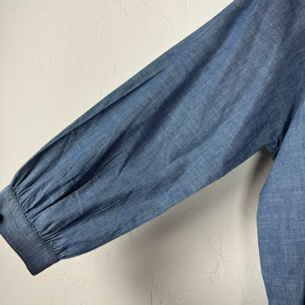 J. Crew Chambray Ruffle Front Button Blouse in Light Blue